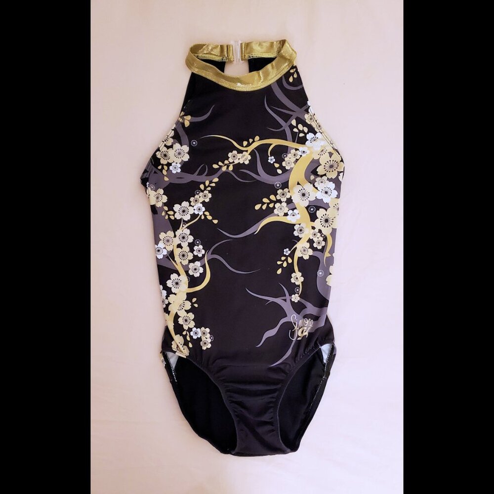 GK Elite Simone Biles Gold Flower Pattern Gymnastics Leotard - Adult X-Small